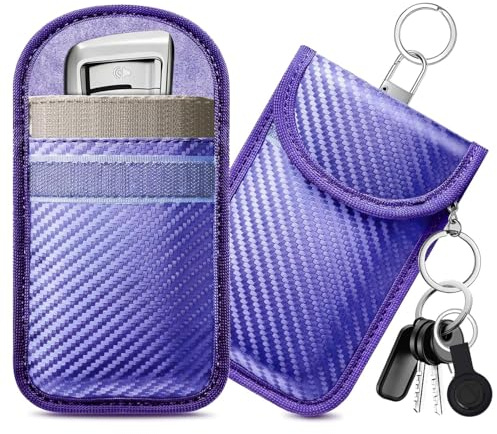 caslord Keyless Go Schutz Autoschlüssel, 2 Stück Mittel Faraday Taschen Kohlefaser Leder, Keyless Go Schutzhülle RFID Blocker Schlüsseletui- Lila