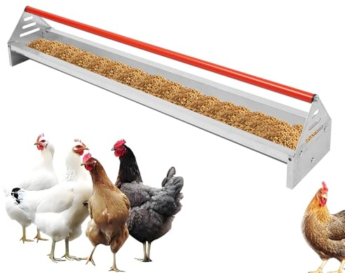Fodertråg höns 15 l, kycklingfoderbehållare med handskar, kycklingfodertråg med dräneringshål och tvärstång, metalljärnstång för kycklingar och ankor, 114,1 x 20,5 x 20,3 cm