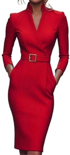 Bodycon pennklänning för kvinnor kyrka lärare kontor blygsamma affärskläder till arbete mantel kostymer klänningar, Röd, 3XL