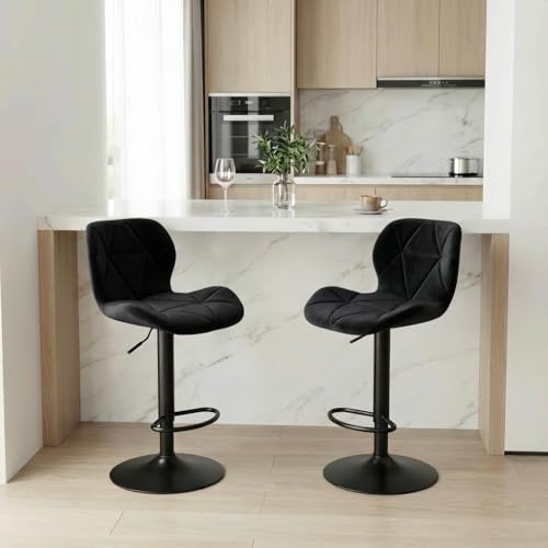 Alivio Adjustable Bar Stool with Backrest, Modern Faux Velvet Bar Chairs with 360 Degree Swivel, Hydraulic Height Adjustment, Footrest & Heavy Metal Base (Set of 2, Velvet Black)