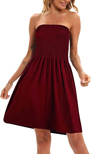 Vestidos bohemios 2026 para mujer, hombros descubiertos, sin tirantes, sin mangas, vestido de verano, playa, vestido fluido midi, Vino, 3XL