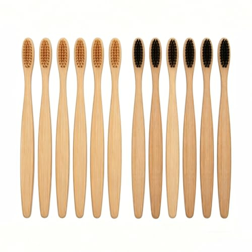 Set di 12 spazzolini da denti in bambù (6 neri + 6 cachi), ecologici, con setole morbide, senza BPA, biodegradabili, per adulti e famiglia, senza plastica