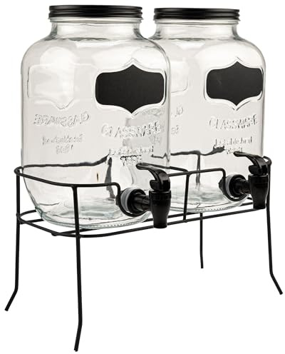 FESTA ITALIA Getränkespender 2er Set Mit Zapfhahn Und Ständer 2x4L - Doppel Limonadenspender Aus Glas Mit Deckel Für Wasser, Saft, Eistee Und Bowle, Wasserspender Für Party Und Garten