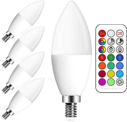Gikkali Ampoule LED E14 RGB, 5W (équivalent 50W) Ampoule de Bougie, Blanc Froid 6000K, Couleur Changement Dimmable par Télécommande, (Lot de 4)