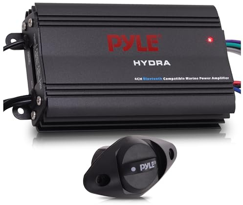 Pyle Auto 4-Channel Marine Amplifier - 200 Watt RMS 4 OHM Full Range Stereo with Wireless Bluetooth & Powerful Prime Speaker - High Crossover HD Music Audio Multi Channel System PLMRMB4CB,Black