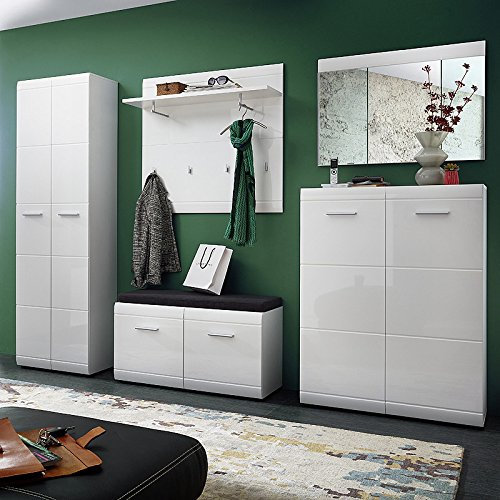 Lomadox Komplett Garderoben Set ● 5-teilige Flurgarderobe Flurmöbel in Hochglanz weiß ● Schuhschrank, Bank inkl. Polster, Spiegel, Paneel, Kleiderschrank ● Made in Germany