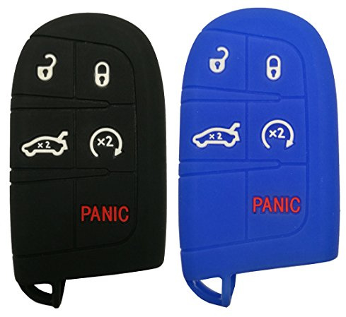Keyless Entry Remote Key Fob Cover Skin Protective Silicone Rubber key Jacket Protector for Jeep Grand Cherokee Dodge Challenger Charger Dart Durango Journey Chrysler 300 Key Holder (1 Black + 1 Blue)