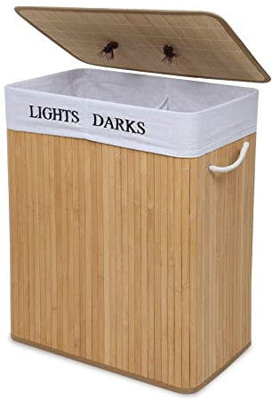 Mondeer Laundry Basket with Lid 100L, 2 Compartments Bamboo Laundry Hamper with Handles Removable Washable Lining, Foldable, for Bedroom Bathroom or Utility Room, 52 x 32 x 65 cm, Natural