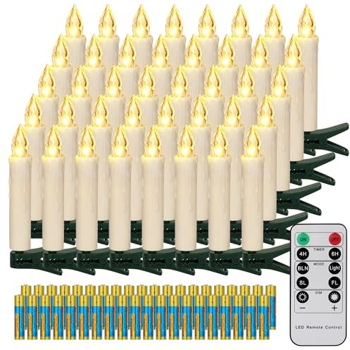 FREEPOWER 40er LED Christbaumkerzen Kabellos mit Fernbedienung Timer Flackern Warmweiß Dimmbar LED Weihnachtsbaum Kerzen Outdoor Wasserdicht, Weihnachtskerzen Weihnachten Deko（mit 40 Batterien）