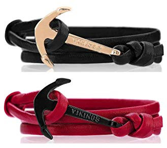 VIKINGS Anker Pärchen Armband 2er Set Leder Schwarz Rot, Leder BLK-RED:Schwarz/Gold- Rot/Schwarz