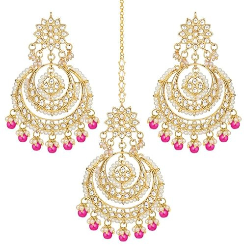 Aheli Bollywood Ethnic Chandbali Style Big Earrings Maang Tikka Set Traditional Fashion Jewelry Gift for Women (Dark Pink)