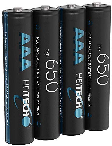 HEITECH 650 - Batería AAA Micro – 4 Pilas Recargables NiMH con mínimo 550 mAh y 1,2 V – Baterías con Baja autodescarga para Dispositivos con Alto Consumo de energía – Baterías Ideales para teléfono