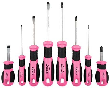 Apollo Tools Pink 8-teiliges Essential Schraubendreher-Set Kreuzschlitz und Schlitz mit magnetischen Spitzen und rutschfesten Komfortgriffen Inklusive Kurzschraubendreher für enge Räume – Rosa Band –