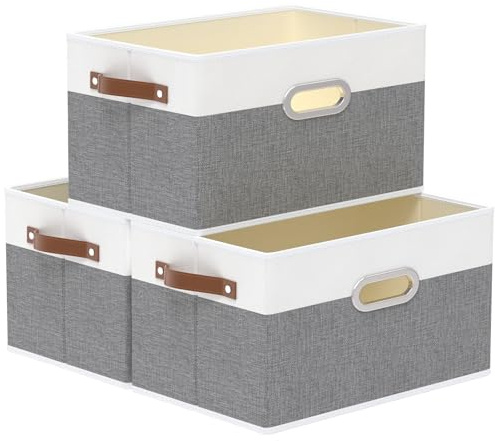 Yawinhe Aufbewahrungsboxen aus Stoff,3 Stück Faltbox,43x30x26cm,Weiß/Grau | Waschbare Faltbare Stoffboxen;Faltboxen Aus Vliesstoff,Ordnungsboxen aus Vliesstoff mit Griff;Organizer für Kleidung