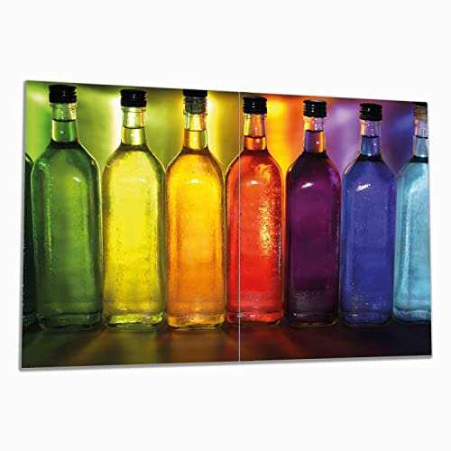 Wallario Herdabdeckplatte/Spritzschutz aus Glas, 2-teilig, 80x52cm mit 8 mm hohen Füßen, für Ceran- und Induktionsherde, Bunte Flaschen im Regal