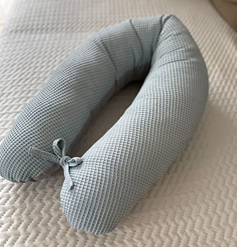 LOOLAY Schwangerschaftskissen - Stillkissen 170 cm - Seitenschläferkissen 100% Baumwolle - mit Abnehmbarem Bezug - Ergonomisches Schwanger Kissen für Schlafen (Waffel Staubminze/Grau)