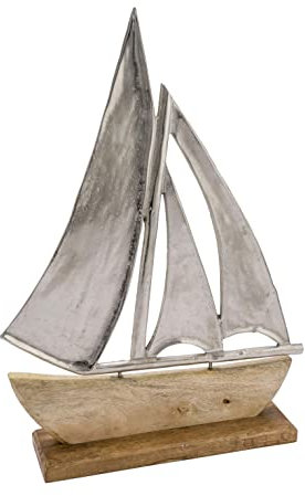 Spetebo Alu Schiff mit Standfuß aus Mangoholz - 20 cm / klein - Aufsteller Segelboot aus Metall und Holz - Maritime Küsten Deko Segelschiff Skulptur Tisch Figur Boot Schiff