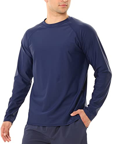 MASOCIO T Shirt Anti UV Homme Tee Shirt à Manche Longue Rashguard T-Shirt UPF 50+ Maillot de Bain Hauts Baignade Surf Natation Plage Séchage Rapide Bleu Marine Taille M