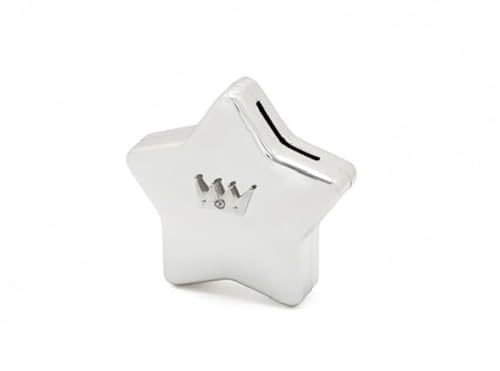 Brillibrum Tirelire design pour bébé en forme d'étoile argentée - Cadeau de baptême - En métal argenté - Personnalisable (étoile avec couronne, gravure jusqu'à 15 caractères)
