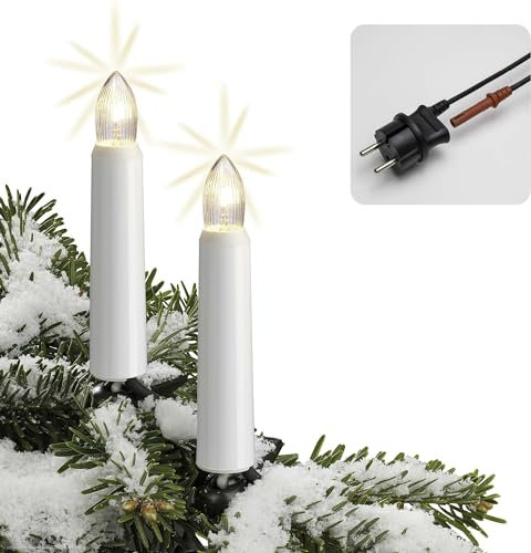 hellum Weihnachtsbaum Lichterkette LED-Filament, Made in Germany, Riffelkerzen mit Clip, 30 Lichter, beleuchtete Länge 29 m, warmweiß, Schaft weiß, für Außen, teilbarer Stecker <59lm 842517