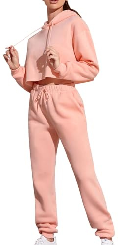 2 Teilig Frauen Freizeitanzug Crop Langarm Kapuzenpullover+Hose Sportanzug Casual Sweatshirt und Sweathose Jogginganzug Lose Einfarbig Trainingsanzug Herbst Winter Outfit Outdoor Freizeitanzug