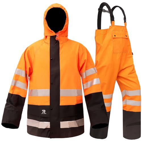 Rizzon Waterproof Rain Suits for Men & Women, Hi-Vis Rain Jacket & Bib Overalls, Heavy Duty Rain Gear for Fishing Outdoor Activities.(Orange,XL)