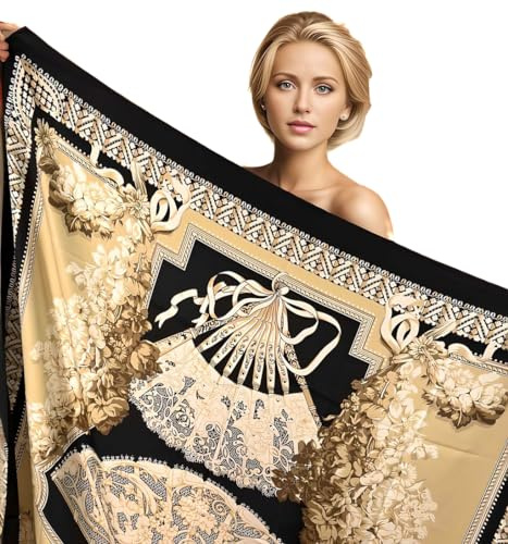 LA FERANI Designer sidenscarf sidenhalsduk chiffong stola aisan stil guld beige 130 x 130 kuvert sidenhalsduk present till dig dotter mor, Guld, 130x130