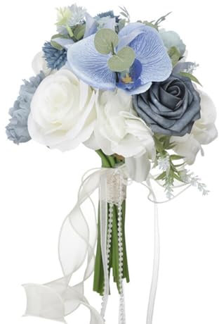 Ramo de boda para novia, ramo de novia, flores artificiales, flores azules polvorientas, rosas blancas, ramos de boda para novia, dama de honor, ramo de imitación para novia, dama de honor