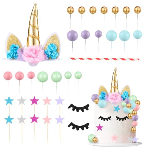 Yamitora Einhorn Tortendeko 32 Stück 3D Einhorn Kuchen Topper Set | Einhorn Niedlich Horn Ohren und Wimpern Kuchen Torte Deko,für Party Supplies Geburtstag Hochzeit Weihnachten