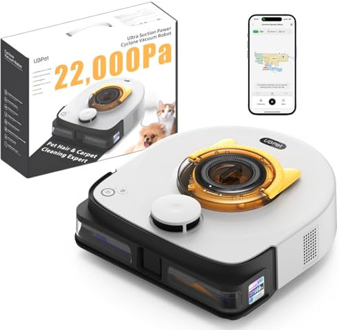 UBPET 22000 Pa Robot Aspirapolvere Peli Animali Domestici su Tappeti e Pavimenti Lavapavimenti a Ciclone, Robot Pulitore con Navigazione LiDAR, Controllo Wi-Fi/App (Bianco grigiastro)
