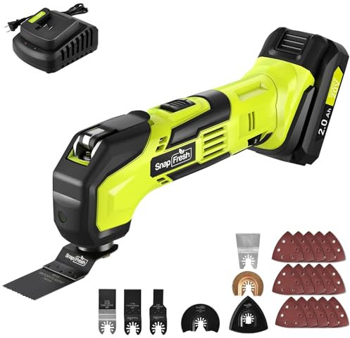 SnapFresh Outil Multifonction sans fil 20V Multitool Multi-cutter Scie Oscillante avec 6 vitesses 5000-18000 OPM, angle d'oscillation de 3,2°, 22 Accessoires, Batterie 2.0Ah et Chargeur Rapide