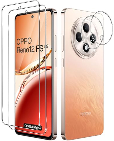 Yenwen Vetro Temperato per OPPO Reno 12 FS 5G / OPPO Reno 12F, 2 Pezzi Vetro Pellicola Protettiva + 2 Pezzi Protezione Fotocamera, Antigraffio, Durezza 9H per Reno12 F / Reno12 F S