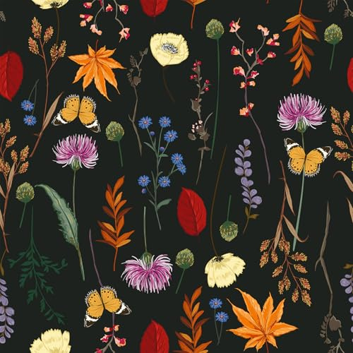 VEELIKE Tapete Blumen Schwarz Herbst Schmetterling Vintage Blüten Tapete 44.5cm x 300cm Selbstklebend Schlafzimmer Badezimmer