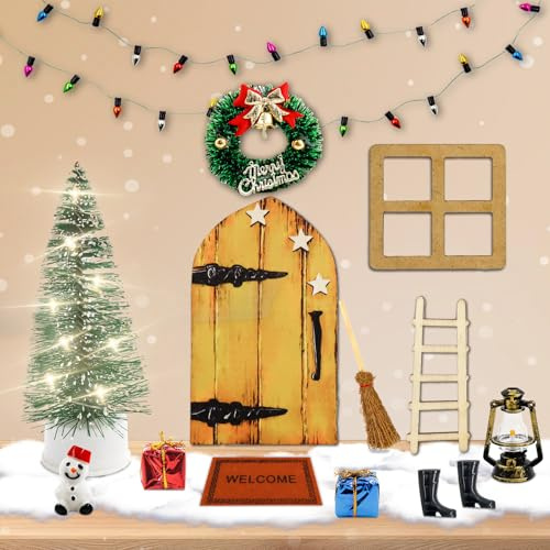 Wichteltür Zubehör Weihnachten Set 16 Pcs,Weihnachtswichtel Tür mit Licht Weihnachtsbaum,Weihnachtsdeko Elfentür für Kinder Geschenke,Holz Wichtel Tür Stiefel Holzleiter Kranz und Andere Zubehör