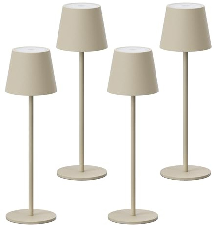 K-Bright 4 Stück LED Dimmbare Akku Tischlampe Kabellose 36.5cm Dünenbeige | 3000K Warmes Licht led Tischlampe aus Aluminium, IP54 Wasserdichte Tischleuchte mit USB-C Für Esstisch, Bartheke, Camping