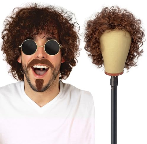 UILYNIU Herren Braun Herrenperücke Locken Hippie Kostüm Perrücke Mit Schnauzbart und Sonnenbrille 70er 80er Jahre Afro Perücke Männer, Disco Dude Punk Perücke für Herren Cosplay Halloween(Braun)