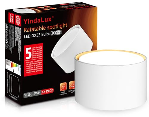 YindaLux Spot en Saillie led Ø84x50mm Plafonnier Luminaire Apparent, 6W Remplaçable GX53 Ampoule 3000K Blanc Chaud 660LM Plafonnier Spot LED Downlight Blanc pour Salle de Cuisine Bain