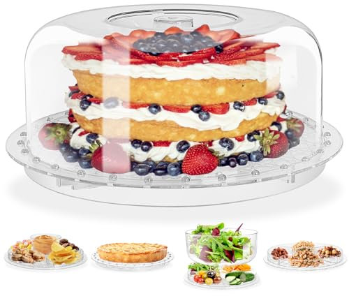 NWK 12 inch 6 in 1 Acrylic Cake Stand with Dome Lid, Multifunctional Clear Display Stand with Cover can be used as Basic Cake Stand, Salad Bowl, Chip and dip Serving Tray, Food Tray