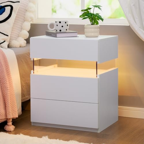 Cubehom Bedside Table with LED Light, Modern Bedside Cabinet with 3 Drawers, Acrylic Panel, Night Light Storage Unit for Bedroom, Living Room, 50 x 37 x 57 cm (White, 1PCS)