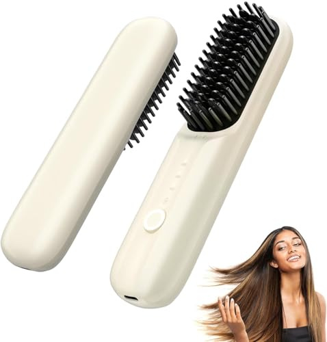 Cordless Hair Straightener Brush, Portable Straightening Brush for Women, Mini Negative Ion Hot Comb for Travel, USB Rechargeable, Fast Heating 3 Temperature Settings (Beige)