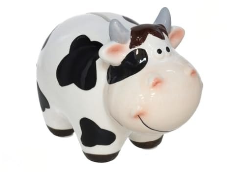 Hucha Decorativa de Cerámica en Forma de Vaca, Blanco y Negro, 10x15x12 cm