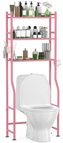 AriseWork 3-Tier Over The Toilet Storage Organizer, Space-Saving Bathroom Rack with Paper Holder & 4 Hooks, 64 Tall Freestanding Carbon Steel Shelf for Small Apartment Laundry Room (Pink)