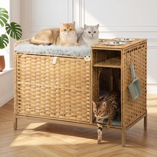 XXL Verstecktes Katzenklo Schrank Möbel mit Plüschkissen, 90x50x65cm Handgewebtes Rattan Katzenhaus, Stabil mit Metallgestell, Saugroboter-freundlich, Katzenschrank für Große Katzen & Deko Wohnzimmer