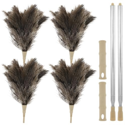 VAVPUP Extendable Ostrich Feather Duster 210cm with 4 Heads & 2 Poles Reusable 100% Natural Feathers for Ceiling/Car/Home,Washable Decorative Cleaning Tool Kit(grey)