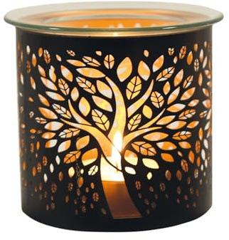 Aroma Tealight Wax Melter & Candle Holder - Black & Gold Silhouette Tree of Life 10.5cm