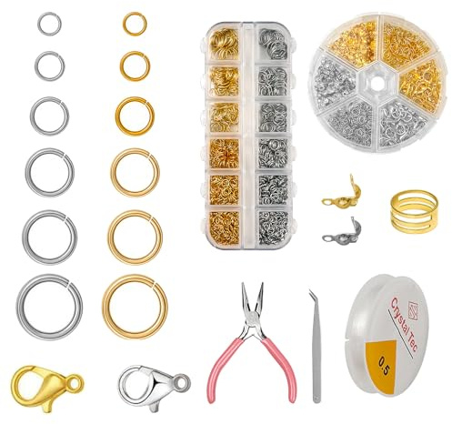 Biegeringe Set 1004 Stück für Schmuckherstellung, Gold & Silber offene Ringe mit Karabinerverschluss, Crimpenden, Schmuckzange, Pinzette, Biegeringöffner, Schmuckdraht für DIY Armbänder und Halsketten