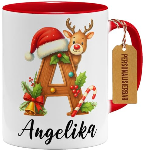 OM3® Personalisierte Weihnachtstasse mit Rentier und Buchstabe - Individuelle Kaffee-Tasse mit eigenem Namen - Keramik Becher - 325ml - Beidseitig Bedruckt - Rot