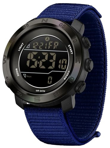 findtime Digital Sportuhr Armbanduhr Herren Schrittzähler Kalorienzähler Sportliche Herrenuhr Outdoor 5ATM Wasserdicht Beleuchtung Chronograph Stoppuhr Alarm Woche Datum Anzeige Nylon Armband Blau