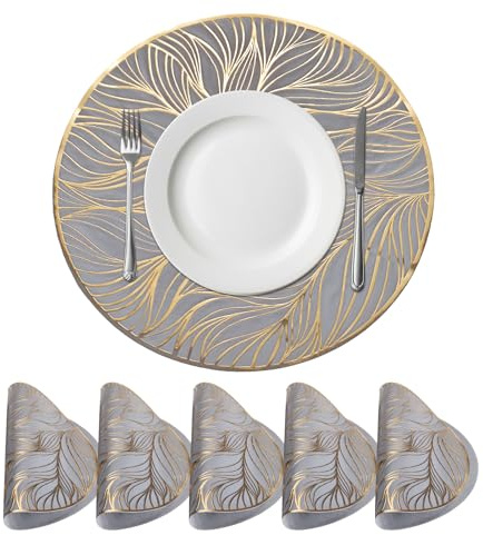 QUARKZMAN Set Di 6 Sottopiatti Rotondi Grigio Dorato 15 x 15/38 x 38cm | Sottopiatti In Polivinile Metallizzato Lavabili, Per Decorazione Tavoli, Per Tavoli Da Pranzo, A Forma Di alga