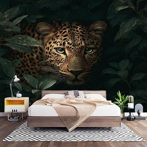 Fotomurales Decorativos Leopardo, Animal de La Selva Papel Pintado Pared 250x175 cm Negro Papel Pintado Tejido No Tejido Decoración de Pared, Salones, Habitaciones Moderna Fotográfico